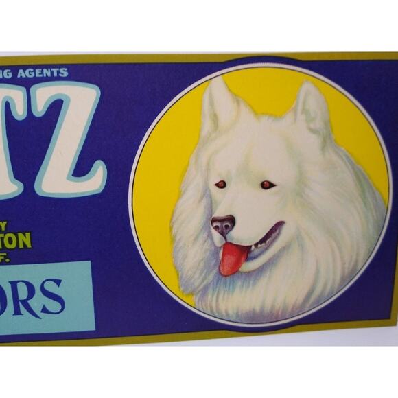 Spitz Dog Crate Label Blue Anchor California Fruit 1940s Vintage White Puppy - Picture 2 of 4
